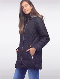 Diamond Quilted Jacket Brown Trim Zip Front Pockets & Detachable Hood by Danwear