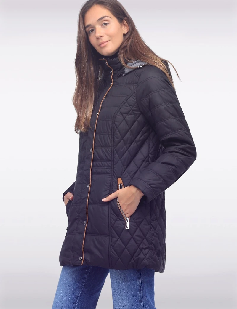Diamond Quilted Jacket Brown Trim Zip Front Pockets & Detachable Hood by Danwear