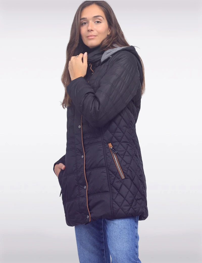 Diamond Quilted Jacket Brown Trim Zip Front Pockets & Detachable Hood by Danwear