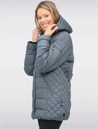 Diamond Quilted Sides Mid-length Puffer Jacket Detachable Hood by Danwear