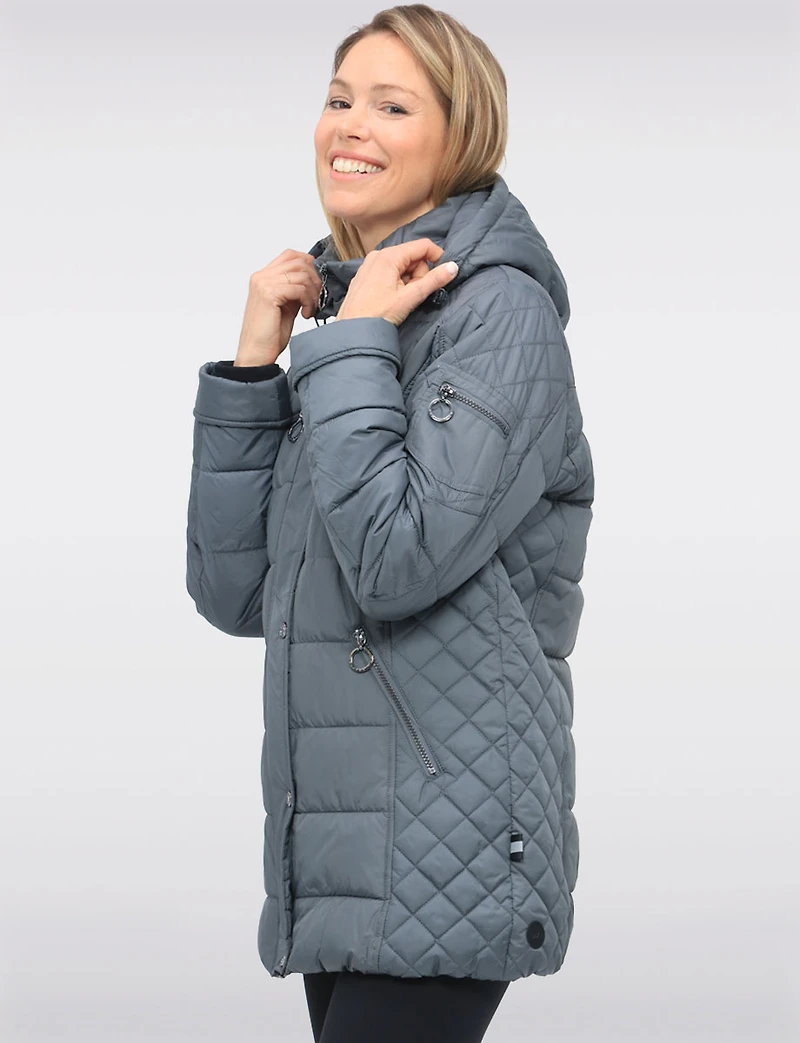 Diamond Quilted Sides Mid-length Puffer Jacket Detachable Hood by Danwear