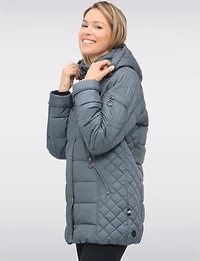 Diamond Quilted Sides Mid-length Puffer Jacket Detachable Hood by Danwear