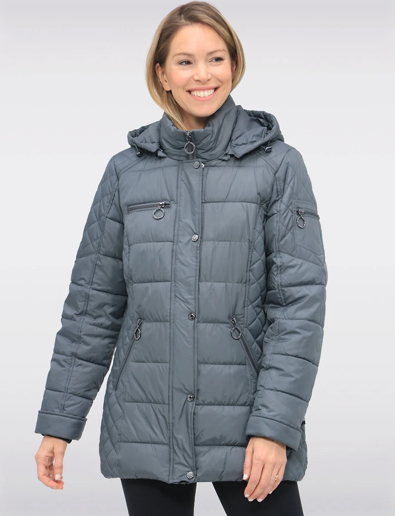 Diamond Quilted Sides Mid-length Puffer Jacket Detachable Hood by Danwear