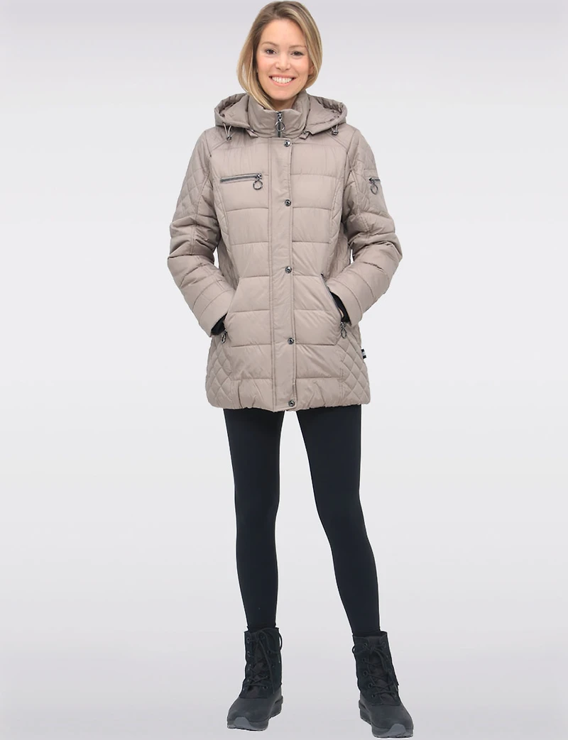 Diamond Quilted Sides Mid-length Puffer Jacket Detachable Hood by Danwear