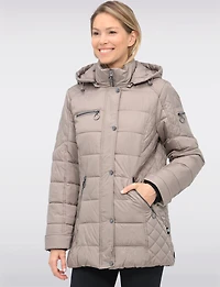 Diamond Quilted Sides Mid-length Puffer Jacket Detachable Hood by Danwear
