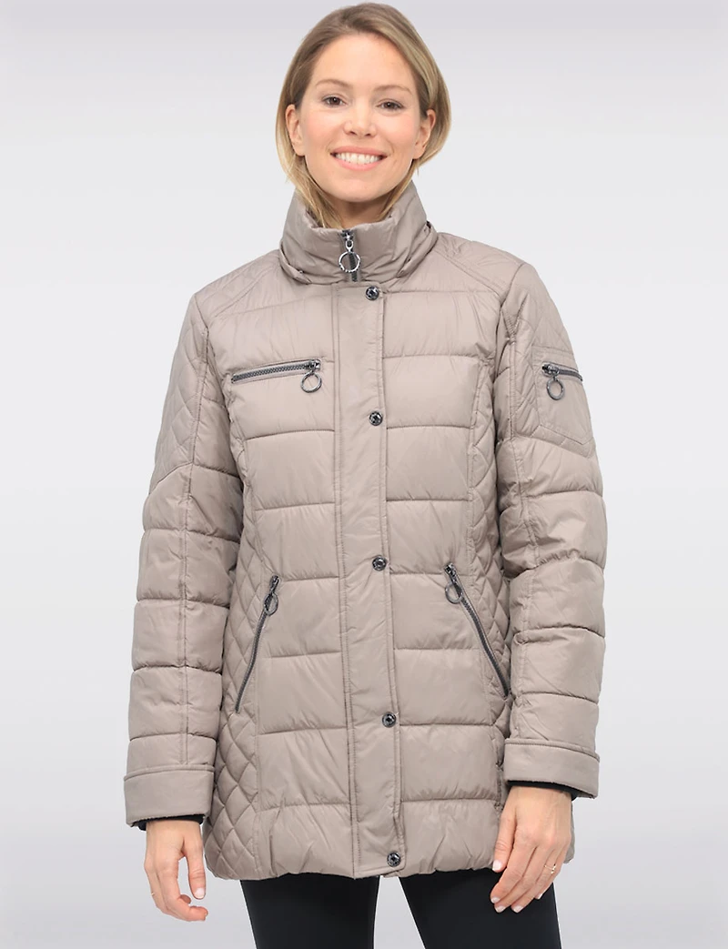 Diamond Quilted Sides Mid-length Puffer Jacket Detachable Hood by Danwear