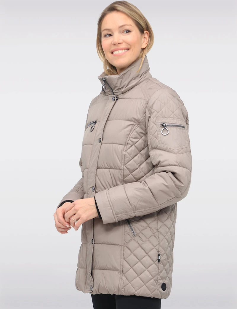 Diamond Quilted Sides Mid-length Puffer Jacket Detachable Hood by Danwear