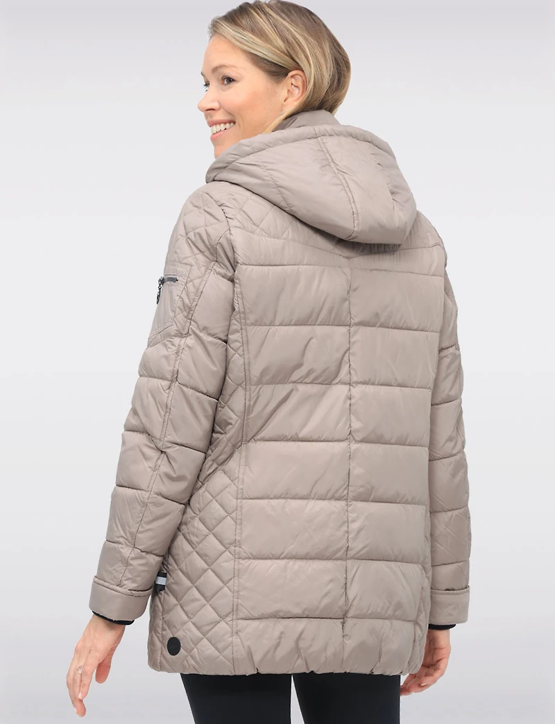Diamond Quilted Sides Mid-length Puffer Jacket Detachable Hood by Danwear