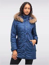 Diamond Quilted Sides Puffer Jacket Detachable Genuine Fur Trim Hood by Danwear
