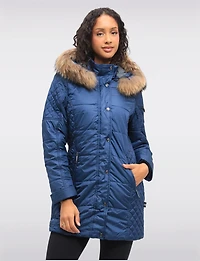Diamond Quilted Sides Puffer Jacket Detachable Genuine Fur Trim Hood by Danwear