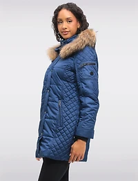 Diamond Quilted Sides Puffer Jacket Detachable Genuine Fur Trim Hood by Danwear
