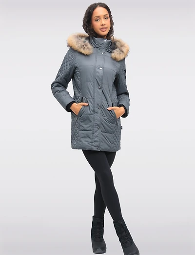 Diamond Quilted Sides Puffer Jacket Detachable Genuine Fur Trim Hood by Danwear