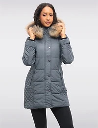 Diamond Quilted Sides Puffer Jacket Detachable Genuine Fur Trim Hood by Danwear