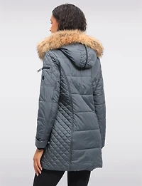 Diamond Quilted Sides Puffer Jacket Detachable Genuine Fur Trim Hood by Danwear