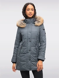Diamond Quilted Sides Puffer Jacket Detachable Genuine Fur Trim Hood by Danwear