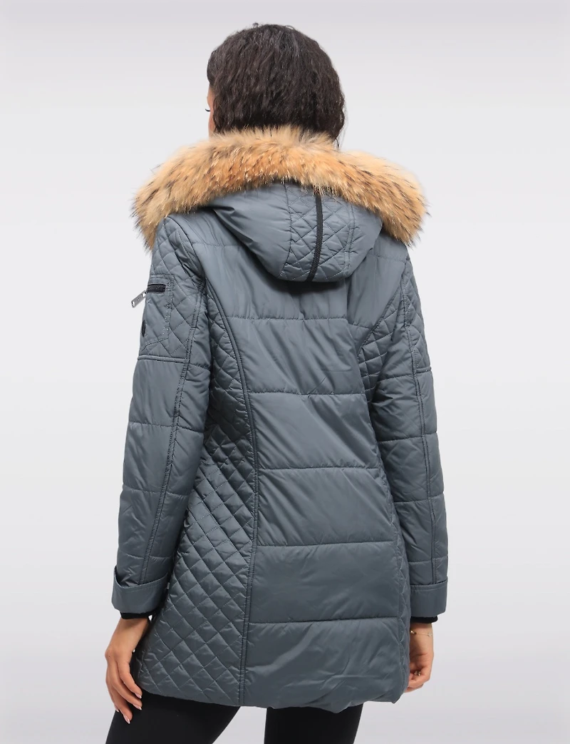 Diamond Quilted Sides Puffer Jacket Detachable Genuine Fur Trim Hood by Danwear