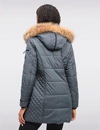 Diamond Quilted Sides Puffer Jacket Detachable Genuine Fur Trim Hood by Danwear