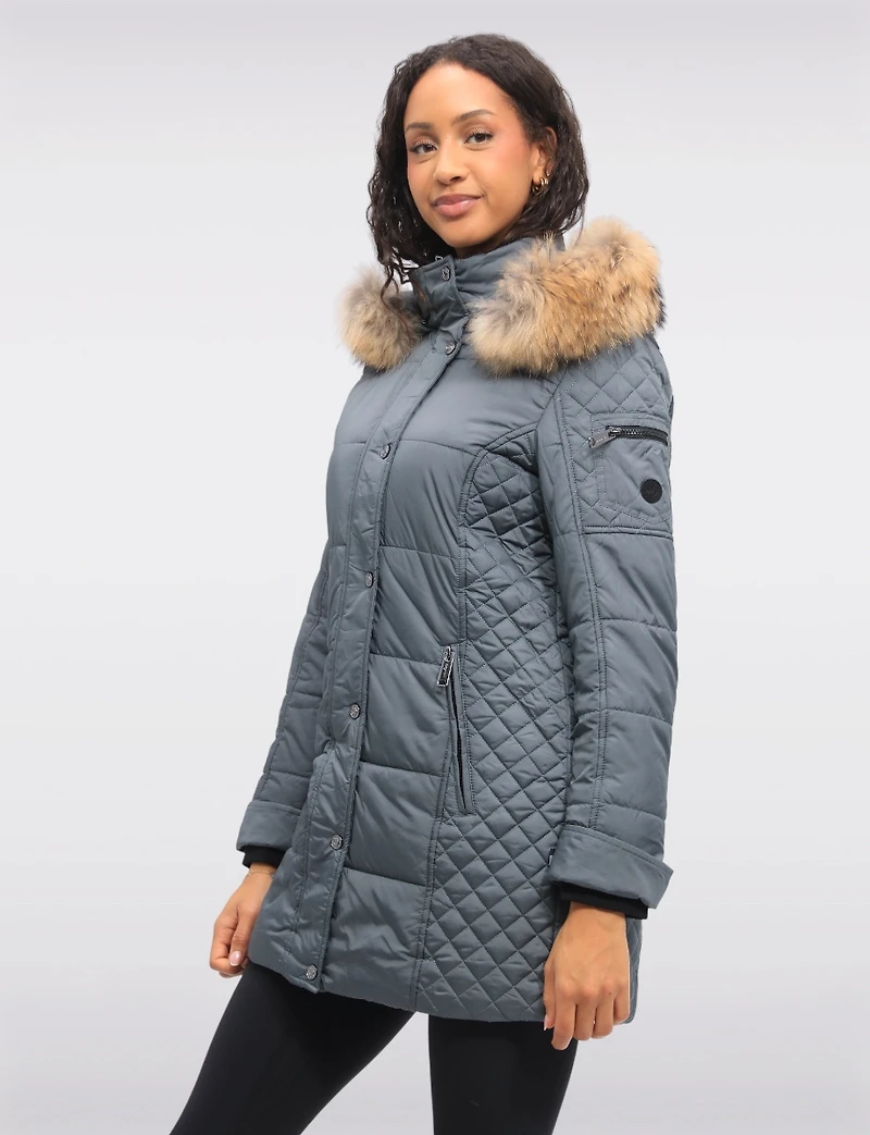 Diamond Quilted Sides Puffer Jacket Detachable Genuine Fur Trim Hood by Danwear