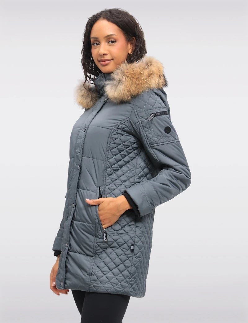Diamond Quilted Sides Puffer Jacket Detachable Genuine Fur Trim Hood by Danwear