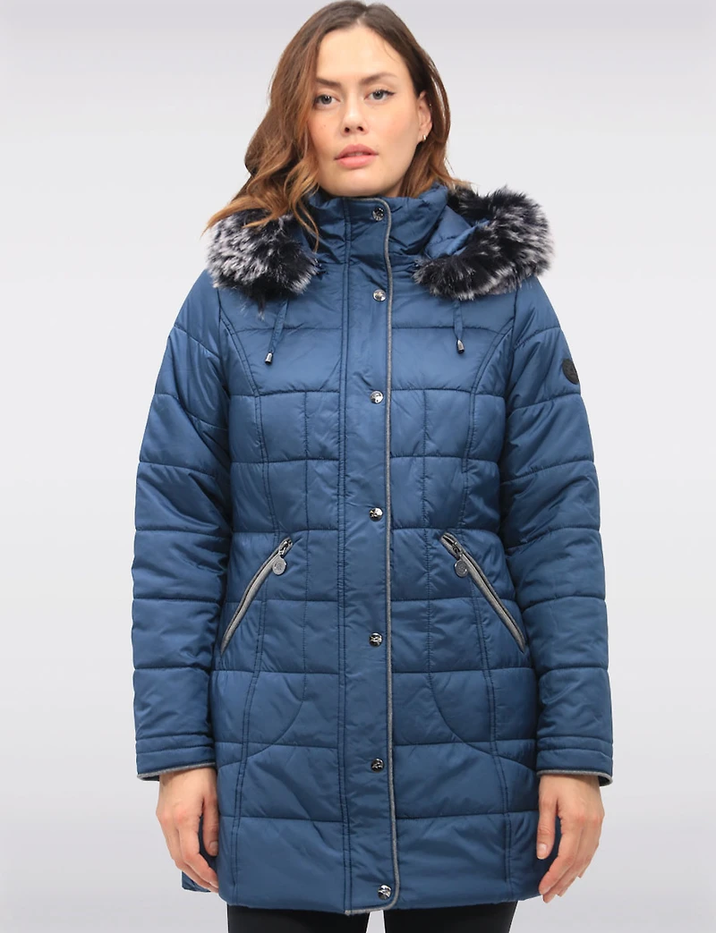 Quilted Detachable Faux Fur Trim Hood & Grey Accents Puffer Coat by Normann