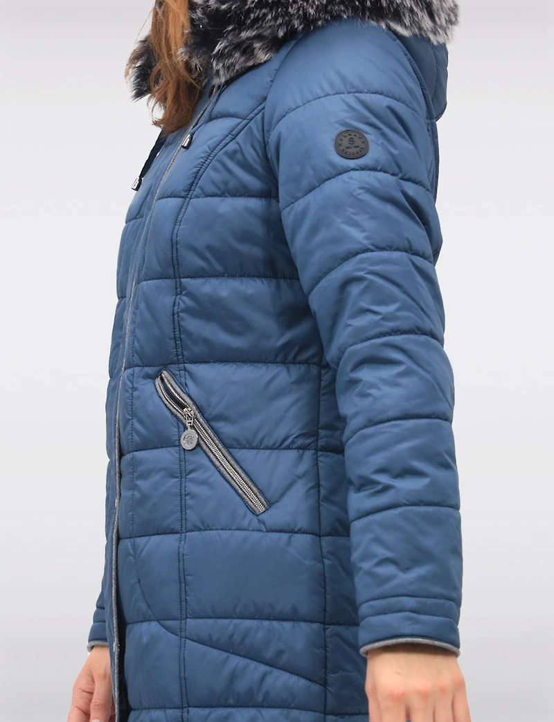 Quilted Detachable Faux Fur Trim Hood & Grey Accents Puffer Coat by Normann