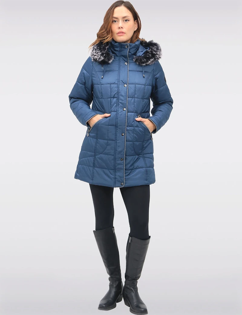 Quilted Detachable Faux Fur Trim Hood & Grey Accents Puffer Coat by Normann