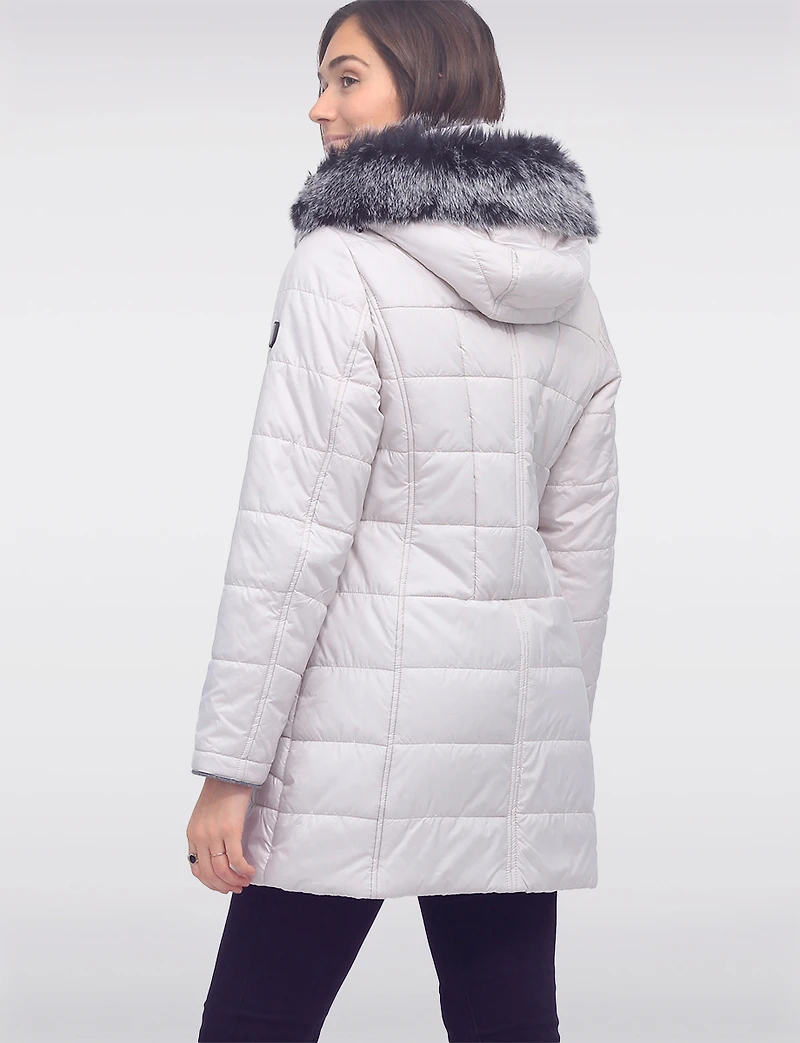 Quilted Detachable Faux Fur Trim Hood & Grey Accents Puffer Coat by Normann