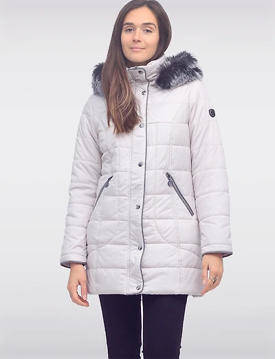 Quilted Detachable Faux Fur Trim Hood & Grey Accents Puffer Coat by Normann