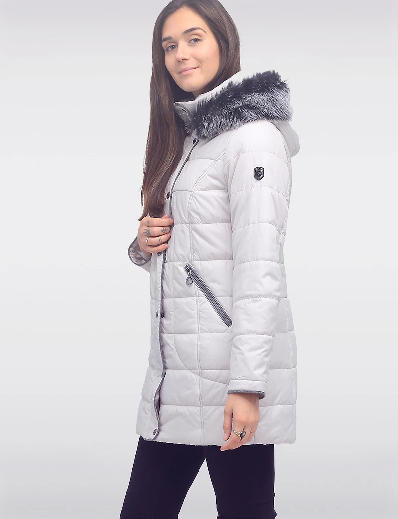 Quilted Detachable Faux Fur Trim Hood & Grey Accents Puffer Coat by Normann