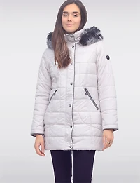 Quilted Detachable Faux Fur Trim Hood & Grey Accents Puffer Coat by Normann