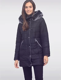 Quilted Detachable Faux Fur Trim Hood & Grey Accents Puffer Coat by Normann