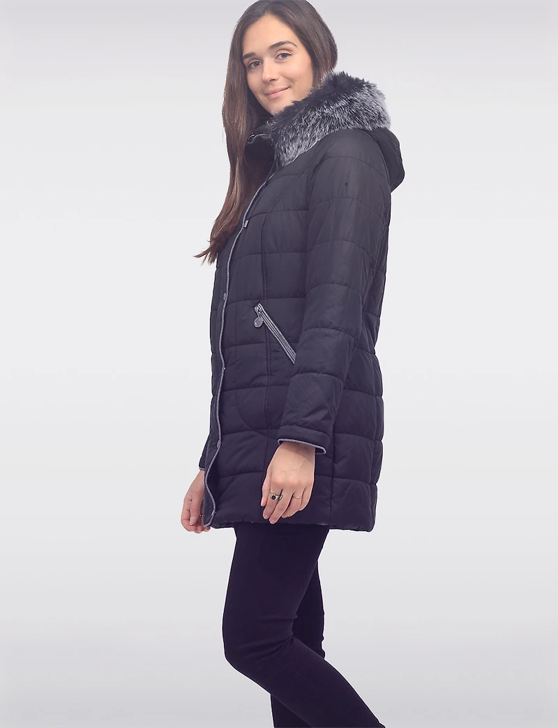 Quilted Detachable Faux Fur Trim Hood & Grey Accents Puffer Coat by Normann
