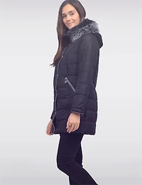Quilted Detachable Faux Fur Trim Hood & Grey Accents Puffer Coat by Normann