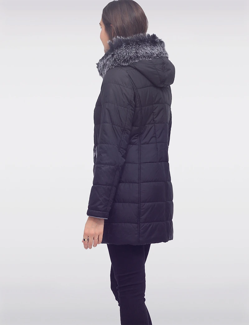 Quilted Detachable Faux Fur Trim Hood & Grey Accents Puffer Coat by Normann
