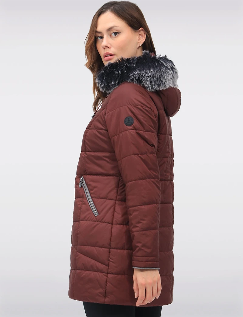 Quilted Detachable Faux Fur Trim Hood & Grey Accents Puffer Coat by Normann