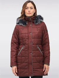 Quilted Detachable Faux Fur Trim Hood & Grey Accents Puffer Coat by Normann