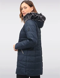 Quilted Detachable Faux Fur Trim Hood & Grey Accents Puffer Coat by Normann