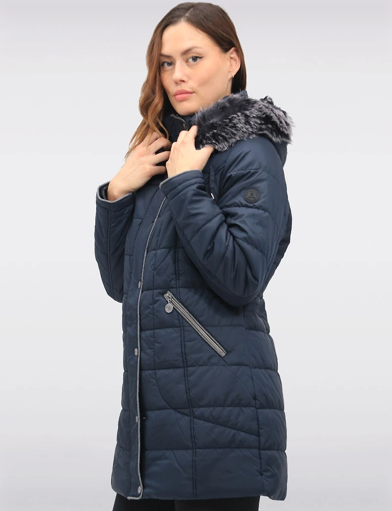 Quilted Detachable Faux Fur Trim Hood & Grey Accents Puffer Coat by Normann