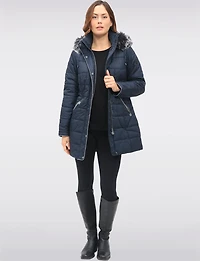 Quilted Detachable Faux Fur Trim Hood & Grey Accents Puffer Coat by Normann