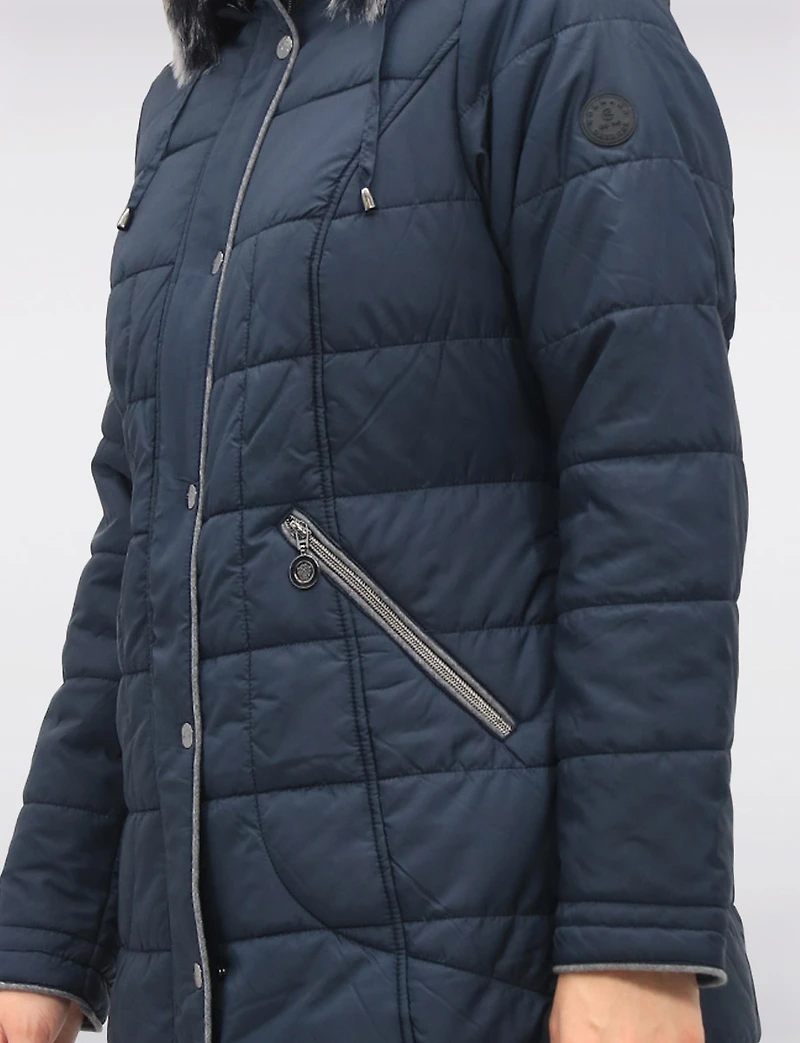 Quilted Detachable Faux Fur Trim Hood & Grey Accents Puffer Coat by Normann