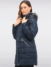 Quilted Detachable Faux Fur Trim Hood & Grey Accents Puffer Coat by Normann