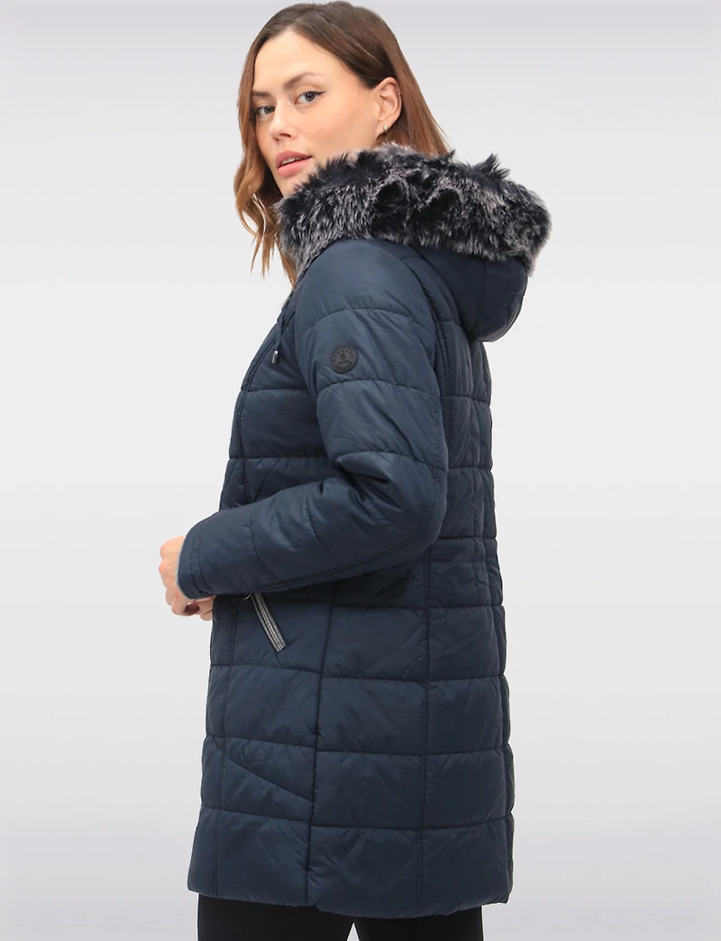 Quilted Detachable Faux Fur Trim Hood & Grey Accents Puffer Coat by Normann