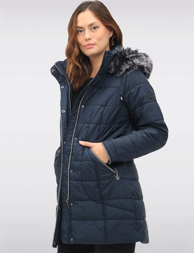 Quilted Detachable Faux Fur Trim Hood & Grey Accents Puffer Coat by Normann