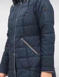 Quilted Detachable Faux Fur Trim Hood & Grey Accents Puffer Coat by Normann