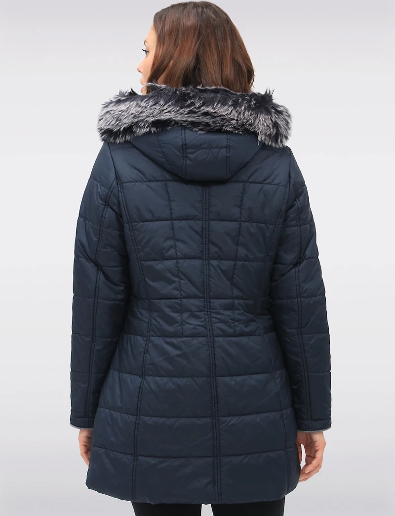 Quilted Detachable Faux Fur Trim Hood & Grey Accents Puffer Coat by Normann