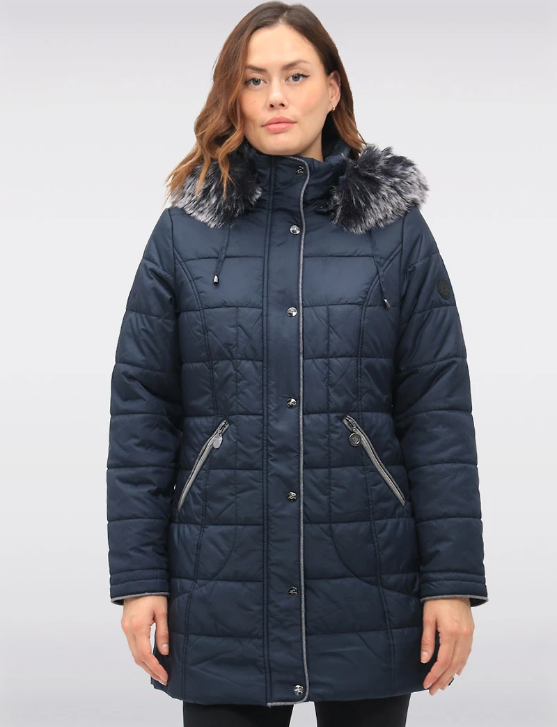 Quilted Detachable Faux Fur Trim Hood & Grey Accents Puffer Coat by Normann