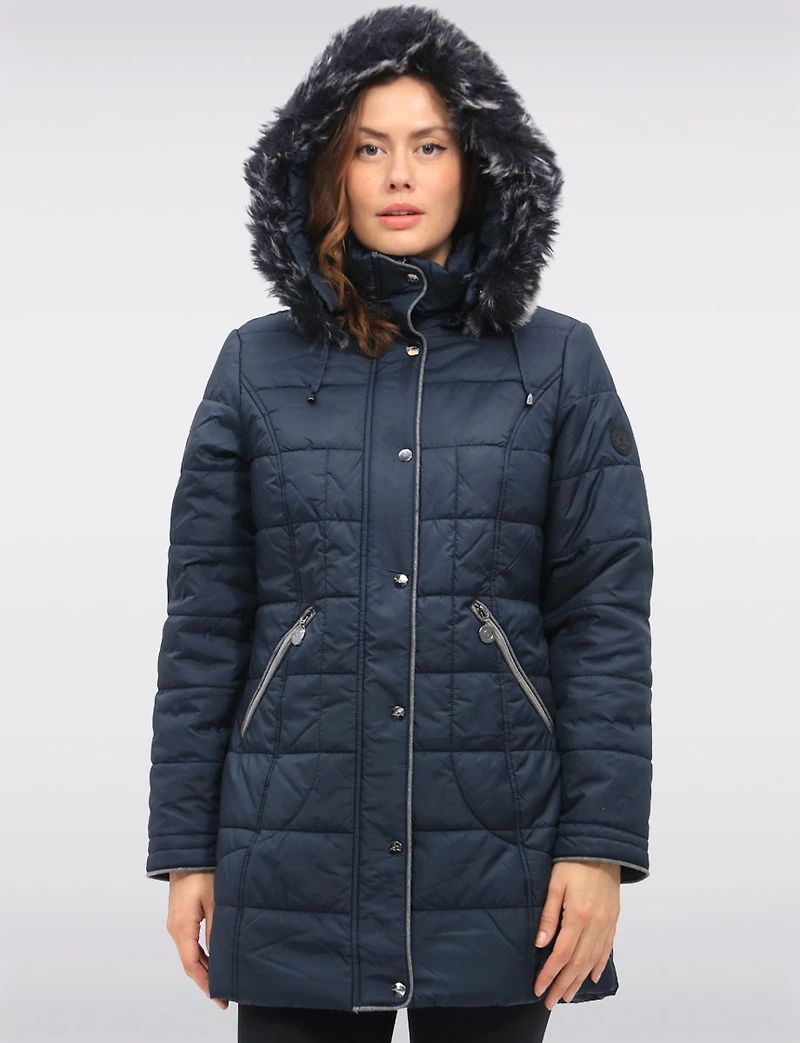 Quilted Detachable Faux Fur Trim Hood & Grey Accents Puffer Coat by Normann