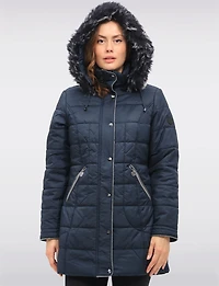 Quilted Detachable Faux Fur Trim Hood & Grey Accents Puffer Coat by Normann
