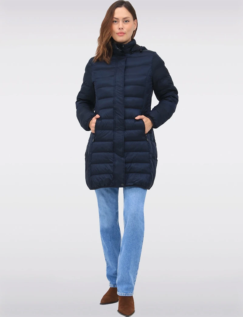 Lightweight Mid-Length Metallic Hooded Down Quilted Puffer Jacket by Normann