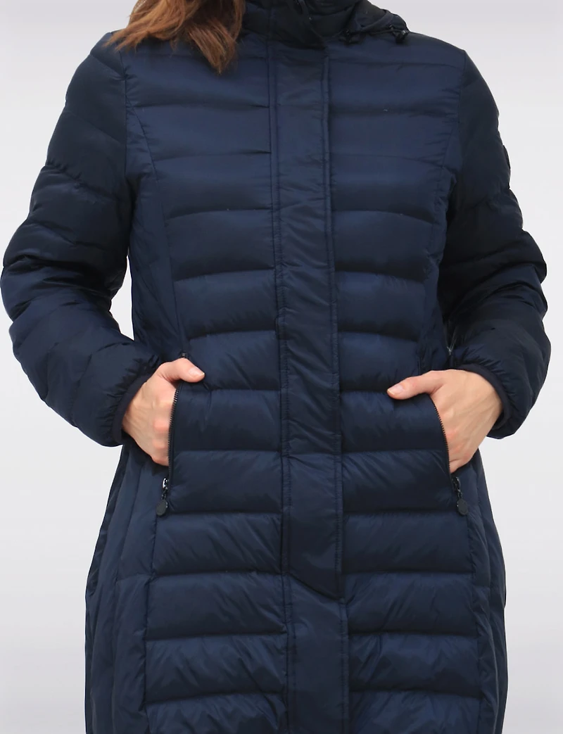 Lightweight Mid-Length Metallic Hooded Down Quilted Puffer Jacket by Normann